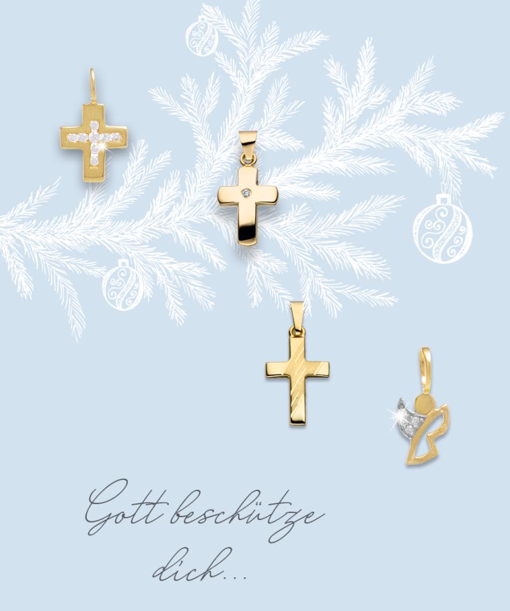 Vier goldene Anhänger in Kreuz- und Engelsform vor hellblauem Hintergrund mit weißen Weihnachtsornamenten und dem Schriftzug 'Gott beschütze dich'