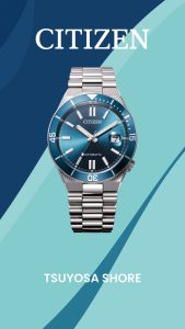 Automatische Armbanduhr der Citizen Tsuyosa Shore mit Edelstahlarmband, blauem Farbverlaufszifferblatt, Datumsanzeige und drehbarer Lünette auf blauem geometrischem Hintergrund.