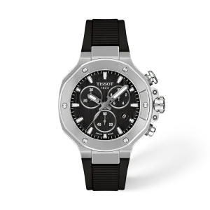 Tissot Chronograph mit schwarzem Zifferblatt, silberfarbenem Gehäuse und schwarzem Kautschukarmband