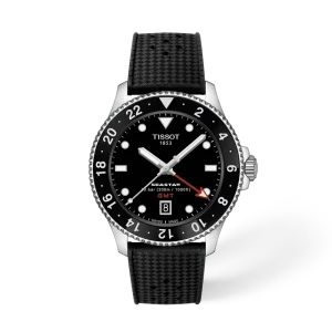 Tissot Seastar GMT mit schwarzem Zifferblatt, silberfarbenem Gehäuse und schwarzem Kautschukarmband