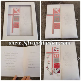 Vier Fotos zeigen eine aufwendig gestaltete Klappkarte mit rosa und silbernen Zierelementen, Schmetterlingen und Herzmotiven, dazu handschriftlich wirkender Text auf der Innenseite.