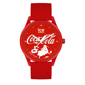 ICE Watch Coca-Cola Solar Power Armbanduhr mit einfarbig rotem Gehäuse und Silikonarmband, rotem Zifferblatt mit Coca-Cola-Logo, einer Weihnachtsmann-Illustration, die aus einer Coca-Cola-Flasche trinkt, weißen Zeigern und festlichen Sternenverzierungen.