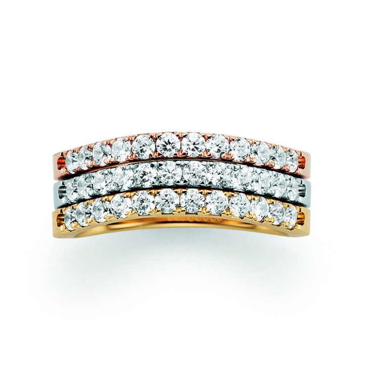 Exklusiver Ring in Gelb-, Weiß- und Roségold mit drei parallel verlaufenden Reihen funkelnder Brillanten in elegant geschwungener Form