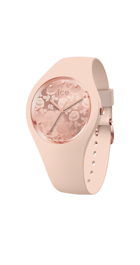 Elegante ICE Watch in zartem Rosé mit Silikonarmband und floral gestaltetem Zifferblatt mit Blumenmotiven und funkelnden Stundenmarkierungen.