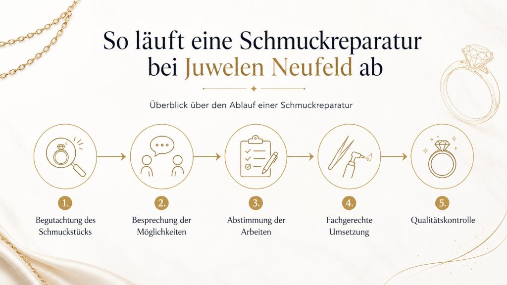 Infografik zum Ablauf einer Schmuckreparatur bei Juwelen Neufeld mit fünf Schritten von der Begutachtung bis zur Qualitätskontrolle