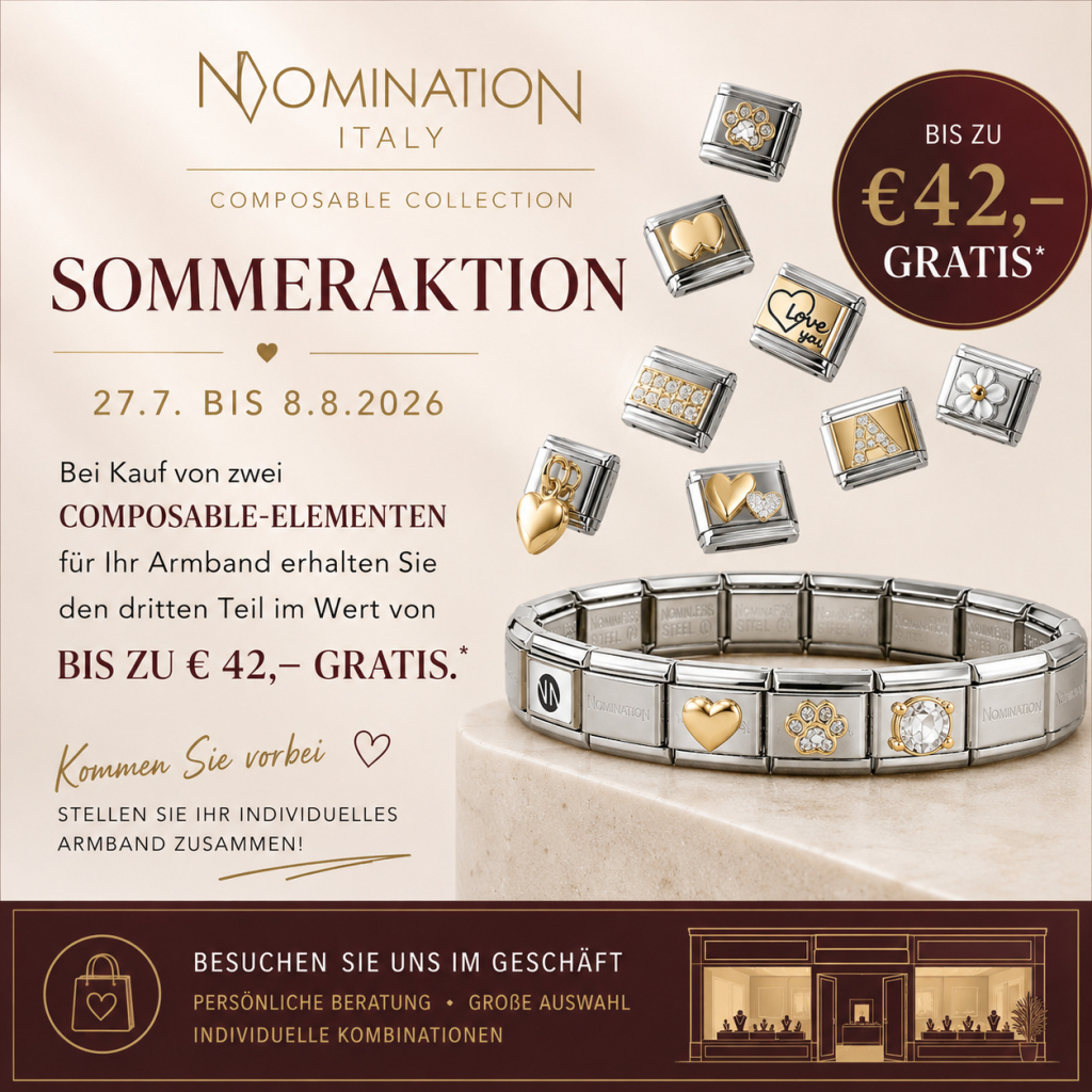 Nomination Sommeraktion von 27. Juli bis 8. August 2026 – beim Kauf von zwei Composable-Elementen ist der dritte Teil bis 42 Euro gratis.