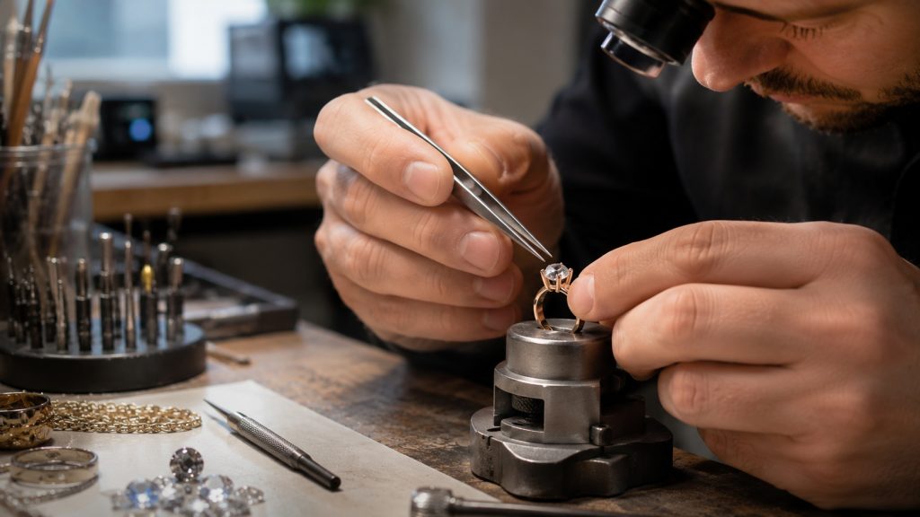 Goldschmied bei der professionellen Reparatur und Aufarbeitung eines Rings