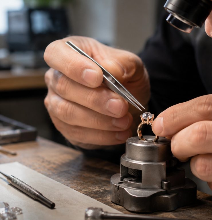 Goldschmied bei der professionellen Reparatur und Aufarbeitung eines Rings