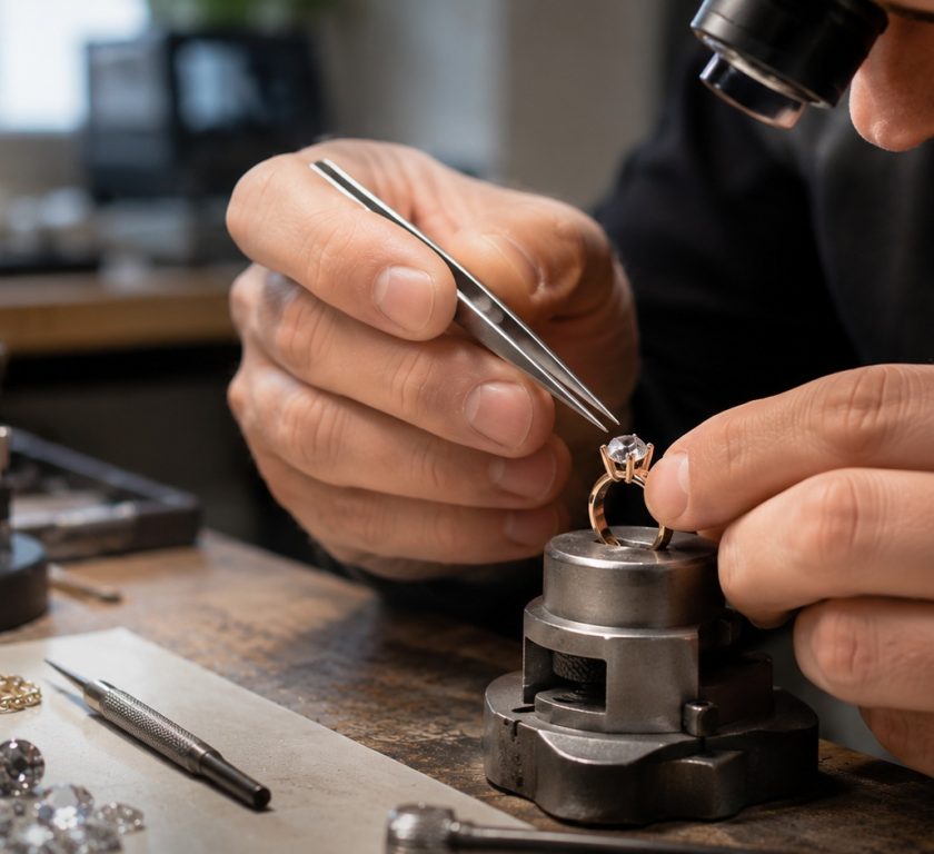 Goldschmied bei der professionellen Reparatur und Aufarbeitung eines Rings