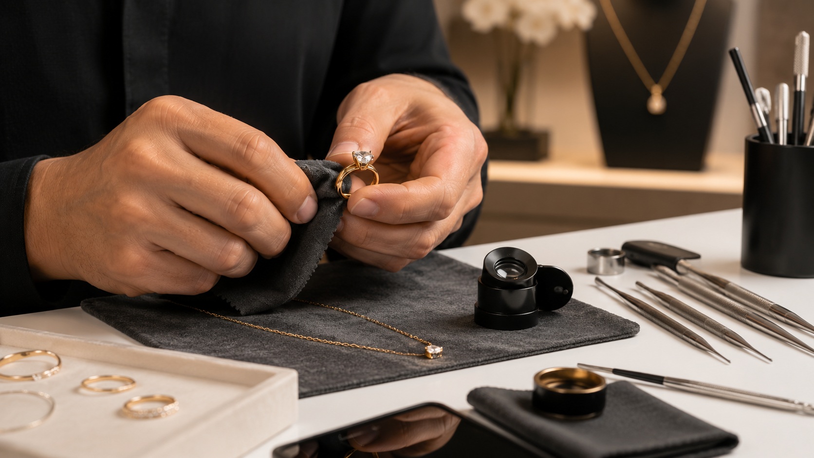 Goldschmied bei der professionellen Reinigung und Aufarbeitung eines Rings