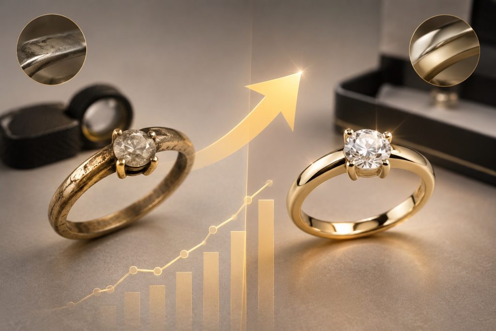 Symbolische Darstellung eines Rings vor und nach der professionellen Aufarbeitung mit verbessertem Erscheinungsbild
