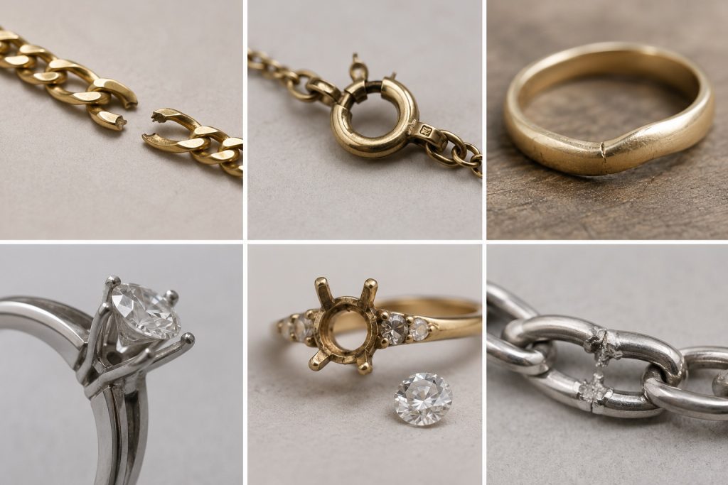 Collage mit gerissener Kette, defektem Verschluss, beschädigtem Ring, lockerem und fehlendem Edelstein sowie beschädigter Lötstelle