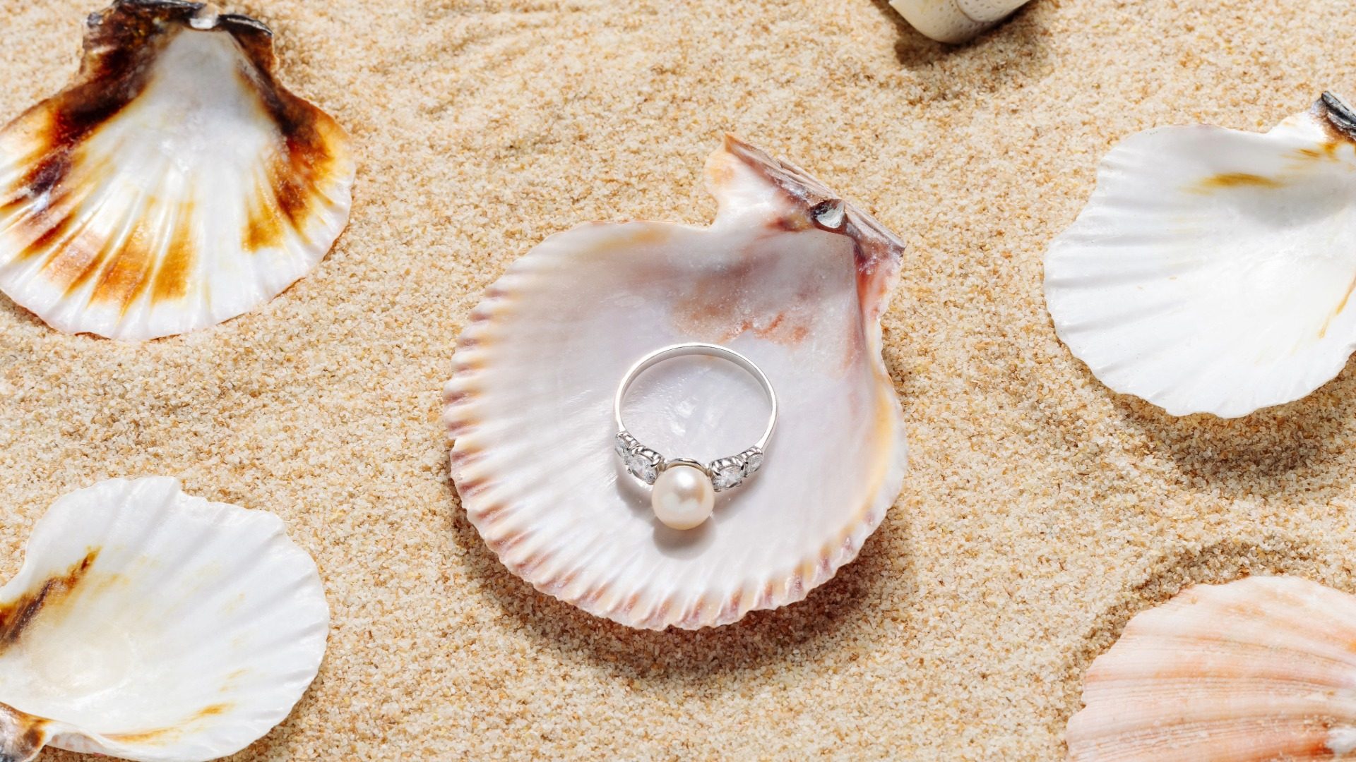 Perlenring auf einer Muschel im Sand, umgeben von Muscheln – Symbol für sommerlichen Schmuck und stilvolle Strandlooks.
