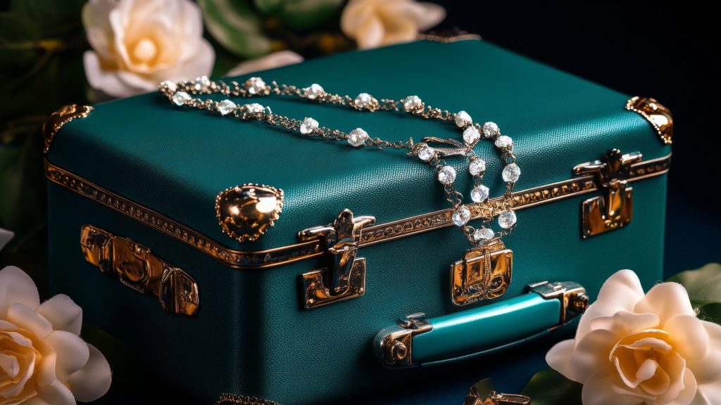 Eleganter Schmuckkoffer mit einer funkelnden Halskette – ideal für die sichere Aufbewahrung und den Transport von Schmuck im Sommerurlaub.