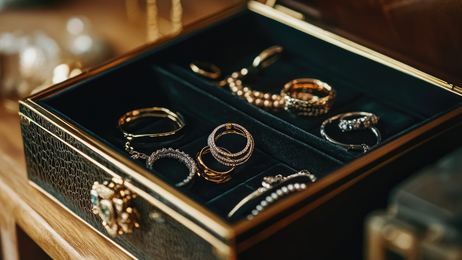 Geöffnete Schmuckschatulle mit Ringen, Armbändern und Perlen – übersichtliche und sichere Aufbewahrung von Schmuck für Alltag und Reise.
